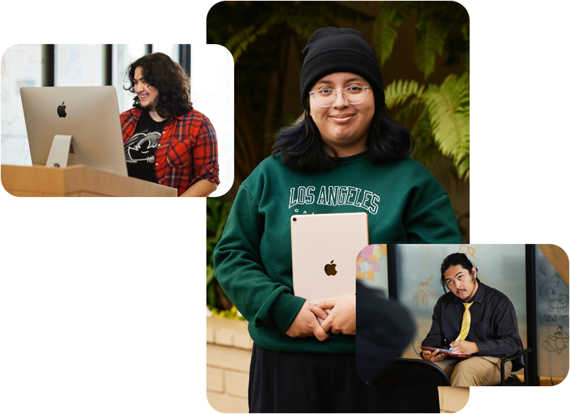 三张参加 Exceptional Minds 计划的学生照片:一张是一位学生在操作 Mac 电脑;一张是一位学生手拿 iPad,设备背面朝外;还有一张是一位学生一边观察模特,一边在 iPad 上用 Apple Pencil 画图。