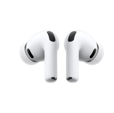 白色背景前一对 AirPods Pro 3 的背部视图，以背靠背的方式排列。